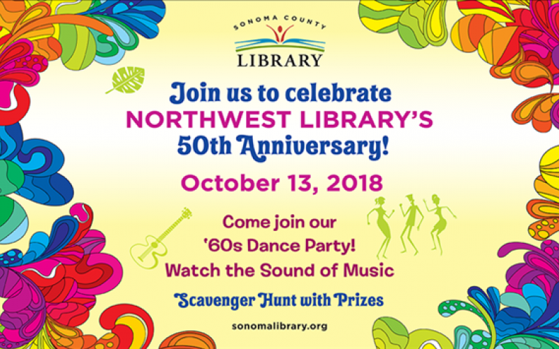 colorful flowers surround invitation to NOrthwest 50th Anniversary event on October 13