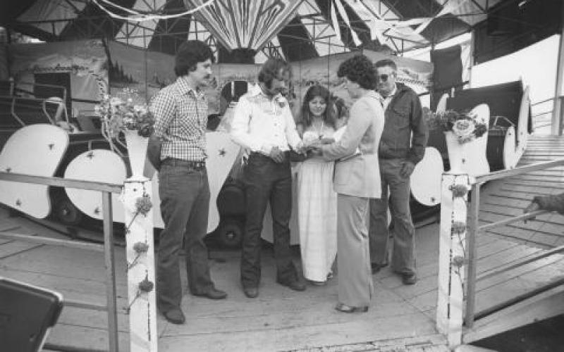 Bill Albert and Wendy Entz exchange marriage vows at the Sonoma County Fair on July 16, 1980. Photo taken by Chris Dawson for the Press Democrat (Santa Rosa, Calif.) photo