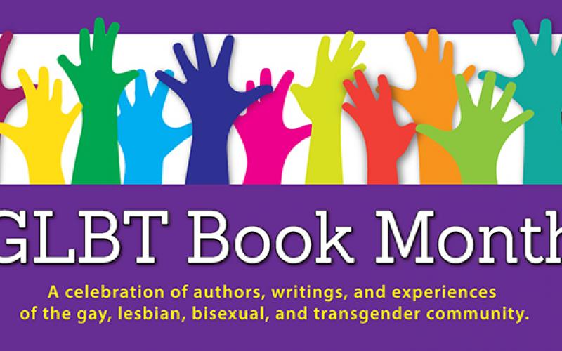 rainbow hands with text "GLBT Book Month"