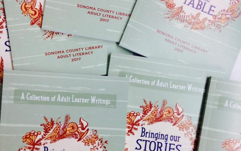 pile of books with title text "bringing our stories to the table"