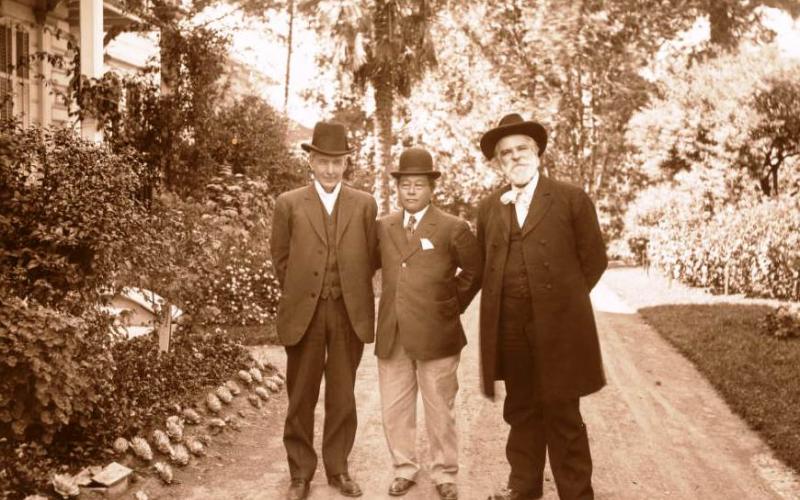 Luther Burbank with Kanaye Nagasawa and Edwin Markham at Fountaingrove, Santa Rosa, Calif. 1915