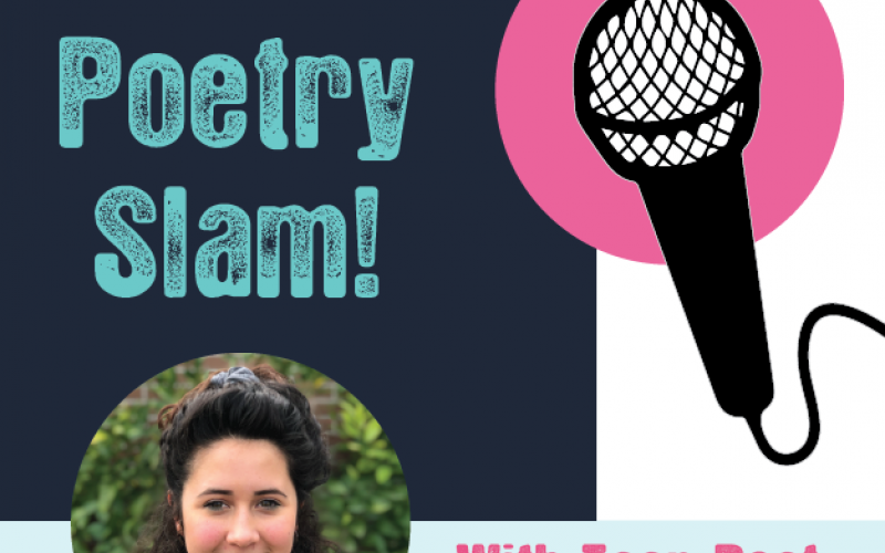 picture of a microphone with text "teen poetry slam with teen poet Estrella Pacheco"