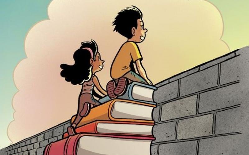 boy and girl climbing book stairs to look over a wall