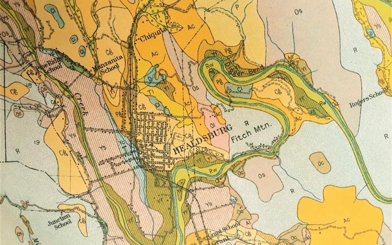 Close-up view of a soil map that is focused on the Healdsburg region