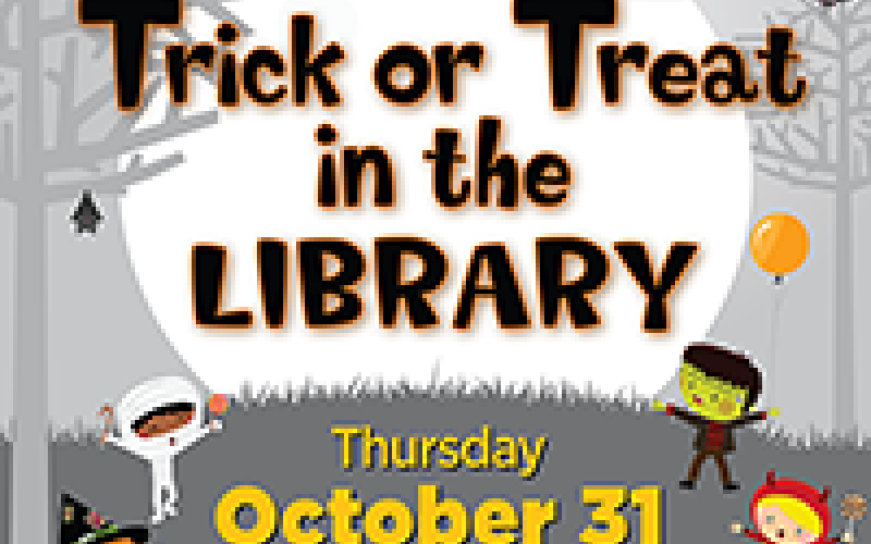 text: trick or treat in the library, with images of children in costumes