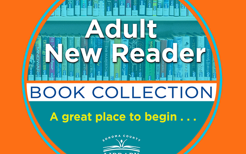 blue circle on orange background, with text "Adult New Reader Book Collection - a great place to start."