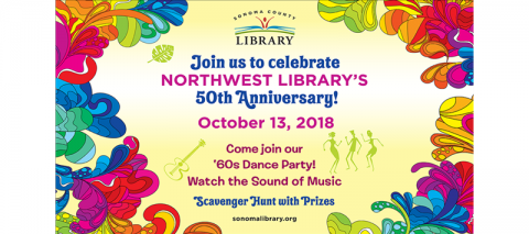 colorful flowers surround invitation to NOrthwest 50th Anniversary event on October 13