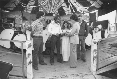 Bill Albert and Wendy Entz exchange marriage vows at the Sonoma County Fair on July 16, 1980. Photo taken by Chris Dawson for the Press Democrat (Santa Rosa, Calif.) photo