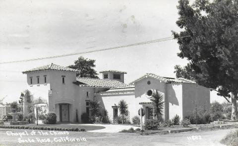 Post card view of the Chapel of Chimes circa 1947. Courtesy of Denise Hill and Joe Lilienthal photo