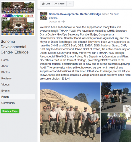 Facebook post of the Sonoma Developmental Center on October 15, 2017 from the North Bay Fires web archive photo