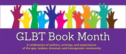 rainbow hands with text "GLBT Book Month"