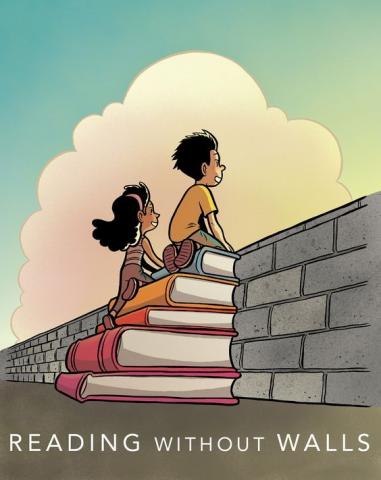 boy and girl climbing book stairs to look over a wall