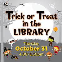 text: trick or treat in the library, with images of children in costumes