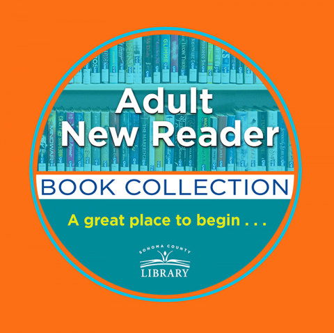 blue circle on orange background, with text "Adult New Reader Book Collection - a great place to start."